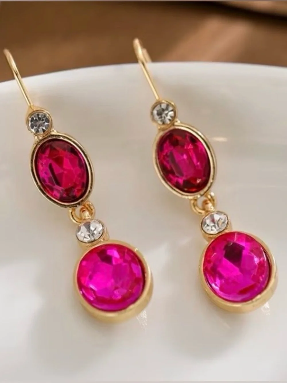 Gold-Tone Pink Drop Earrings with Faceted Pink Stones